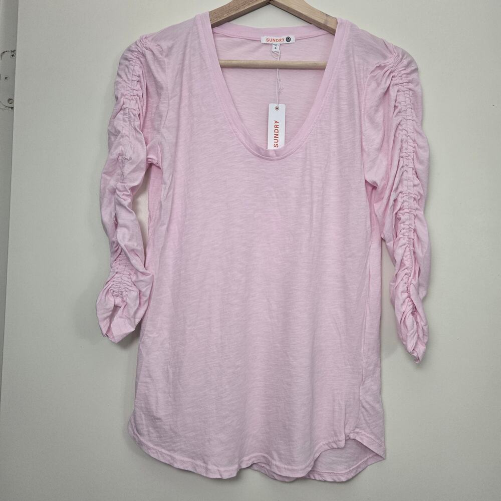NEW Anthropologie Sundry 100% Pima Cotton Shirred Sleeve Tee Size 0 Light Pink